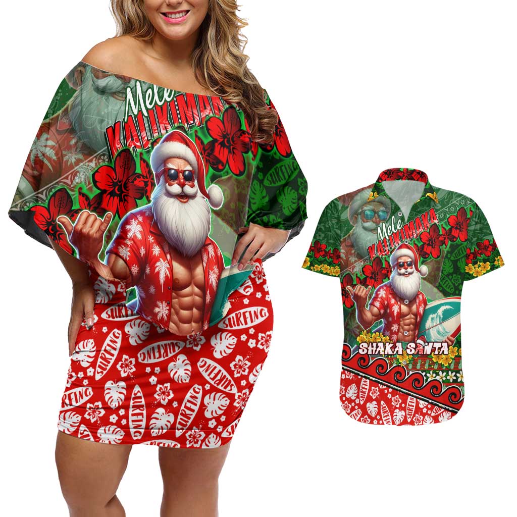 Mele Kalikimaka Shaka Santa Couples Matching Off Shoulder Short Dress and Hawaiian Shirt Hawaiian Surf Christmas Design with Aloha Spirit - Polynesian Pride