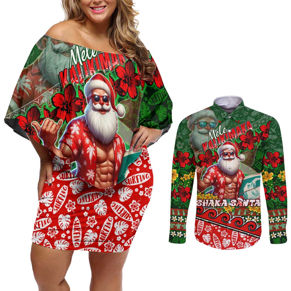 Mele Kalikimaka Shaka Santa Couples Matching Off Shoulder Short Dress and Long Sleeve Button Shirt Hawaiian Surf Christmas Design with Aloha Spirit - Polynesian Pride