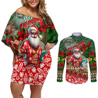 Mele Kalikimaka Shaka Santa Couples Matching Off Shoulder Short Dress and Long Sleeve Button Shirt Hawaiian Surf Christmas Design with Aloha Spirit - Polynesian Pride