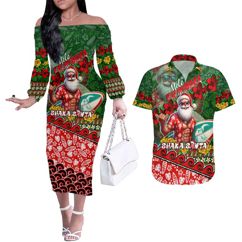 Mele Kalikimaka Shaka Santa Couples Matching Off The Shoulder Long Sleeve Dress and Hawaiian Shirt Hawaiian Surf Christmas Design with Aloha Spirit - Polynesian Pride