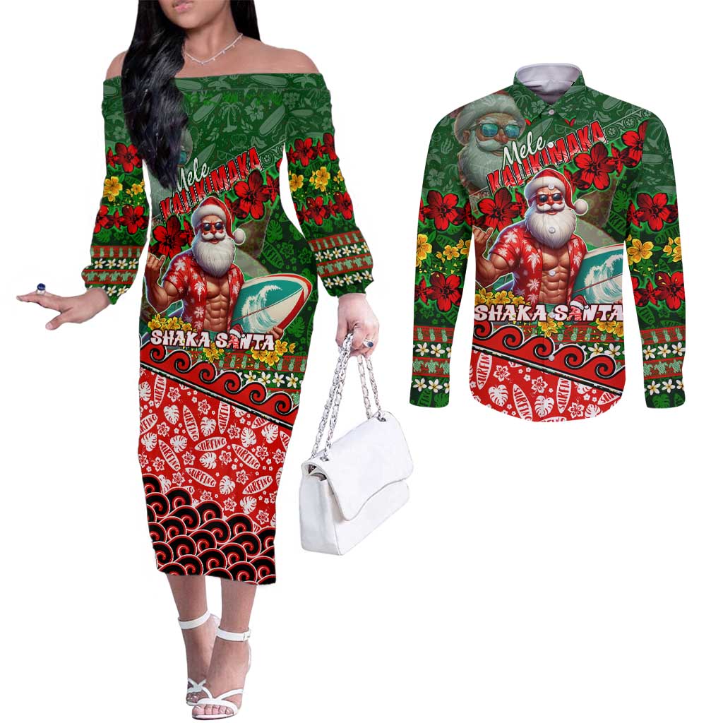 Mele Kalikimaka Shaka Santa Couples Matching Off The Shoulder Long Sleeve Dress and Long Sleeve Button Shirt Hawaiian Surf Christmas Design with Aloha Spirit - Polynesian Pride