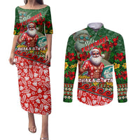 Mele Kalikimaka Shaka Santa Couples Matching Puletasi and Long Sleeve Button Shirt Hawaiian Surf Christmas Design with Aloha Spirit - Polynesian Pride