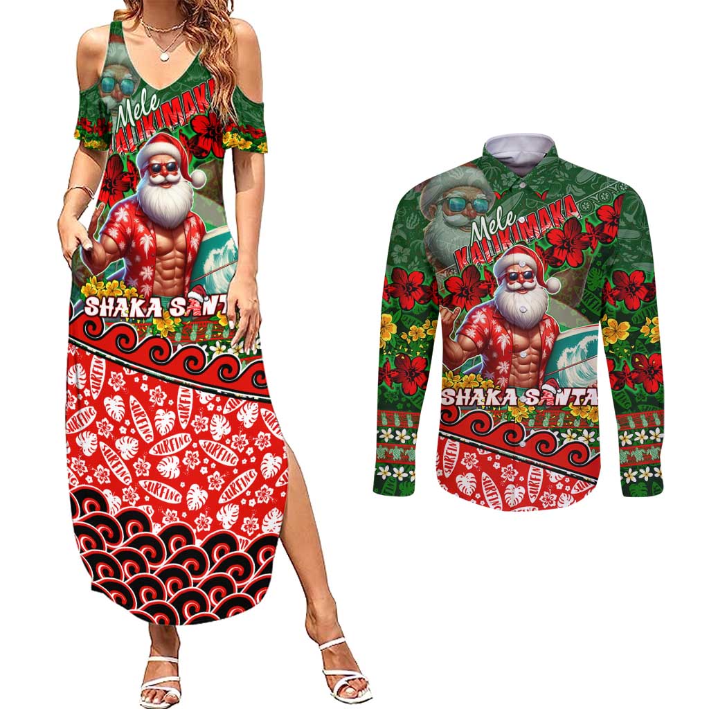 Mele Kalikimaka Shaka Santa Couples Matching Summer Maxi Dress and Long Sleeve Button Shirt Hawaiian Surf Christmas Design with Aloha Spirit - Polynesian Pride