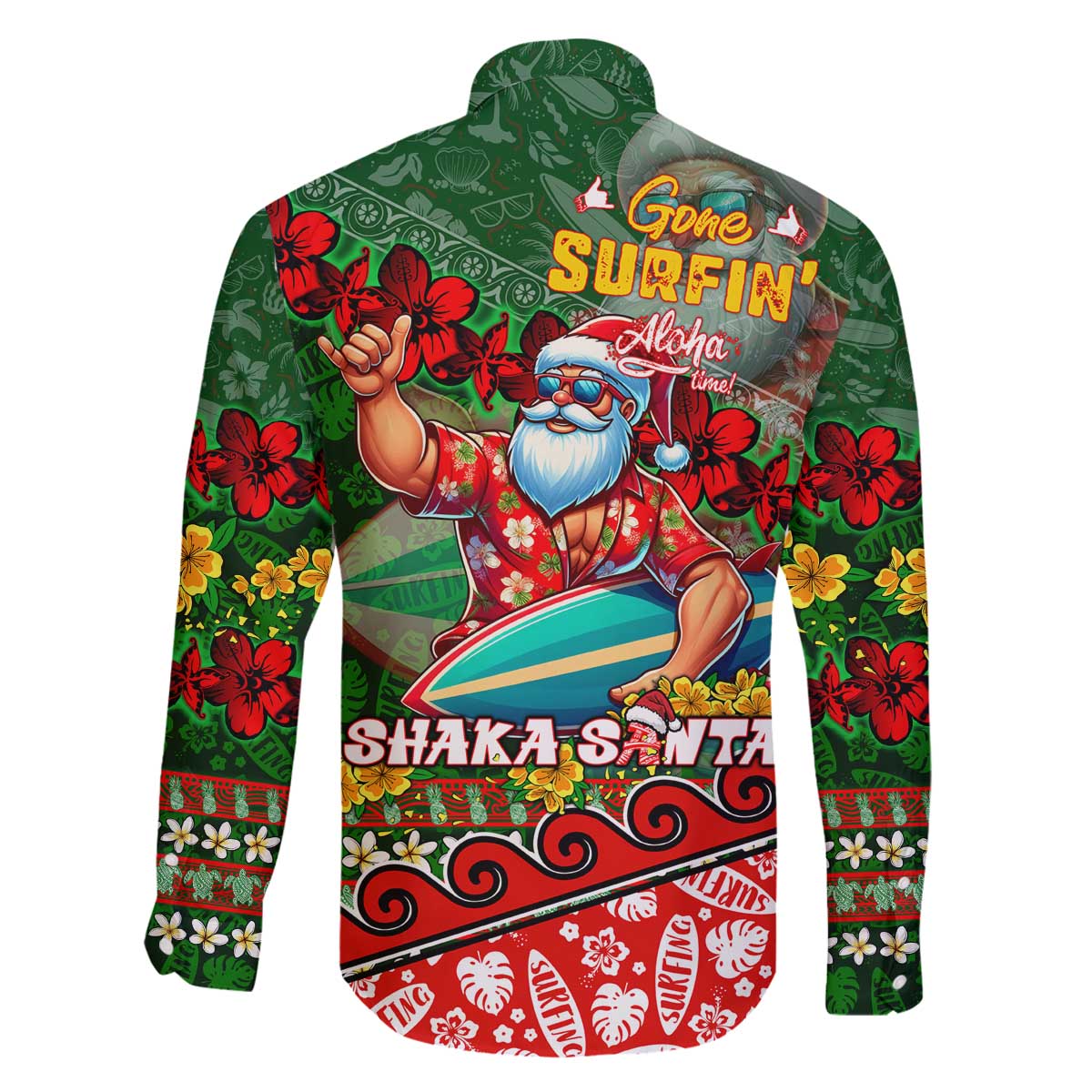 Mele Kalikimaka Shaka Santa Family Matching Off The Shoulder Long Sleeve Dress and Hawaiian Shirt Hawaiian Surf Christmas Design with Aloha Spirit - Polynesian Pride