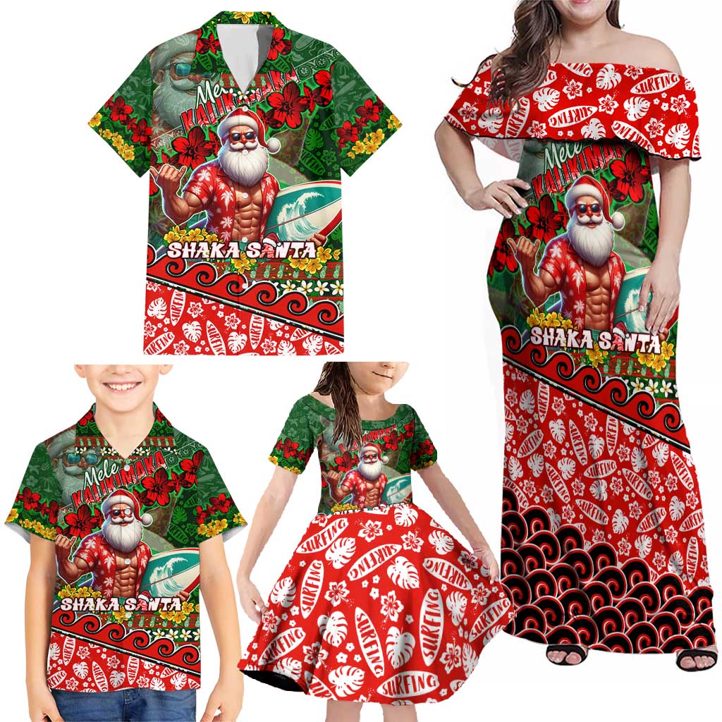 Mele Kalikimaka Shaka Santa Family Matching Off Shoulder Maxi Dress and Hawaiian Shirt Hawaiian Surf Christmas Design with Aloha Spirit - Polynesian Pride