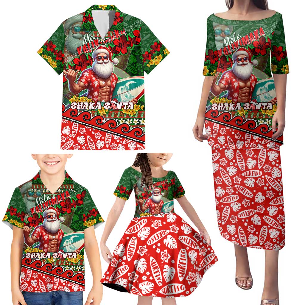 Mele Kalikimaka Shaka Santa Family Matching Puletasi and Hawaiian Shirt Hawaiian Surf Christmas Design with Aloha Spirit - Polynesian Pride