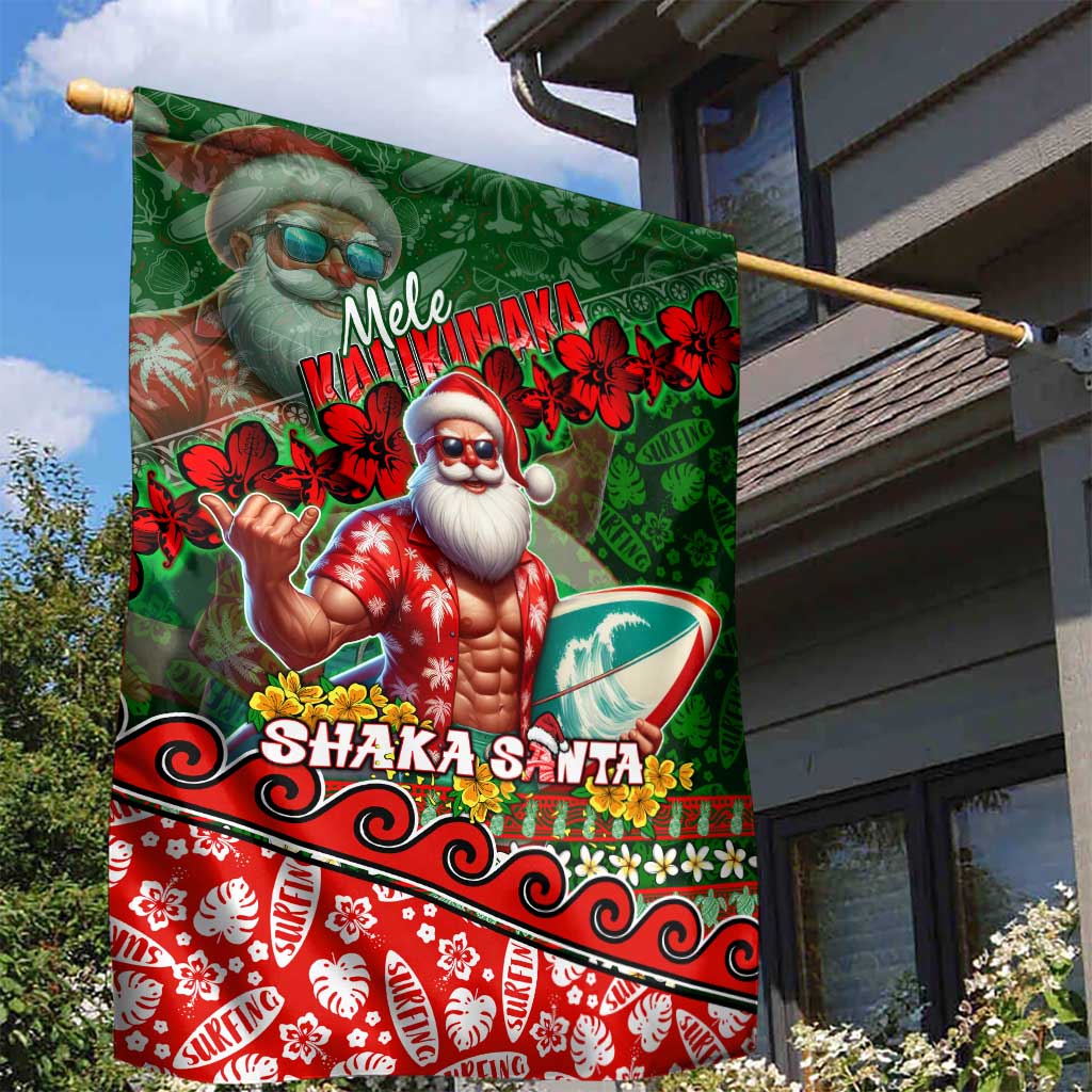 Mele Kalikimaka Shaka Santa Garden Flag Hawaiian Surf Christmas Design with Aloha Spirit - Polynesian Pride