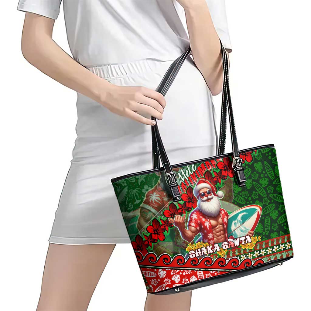 Mele Kalikimaka Shaka Santa Leather Tote Bag Hawaiian Surf Christmas Design with Aloha Spirit - Polynesian Pride