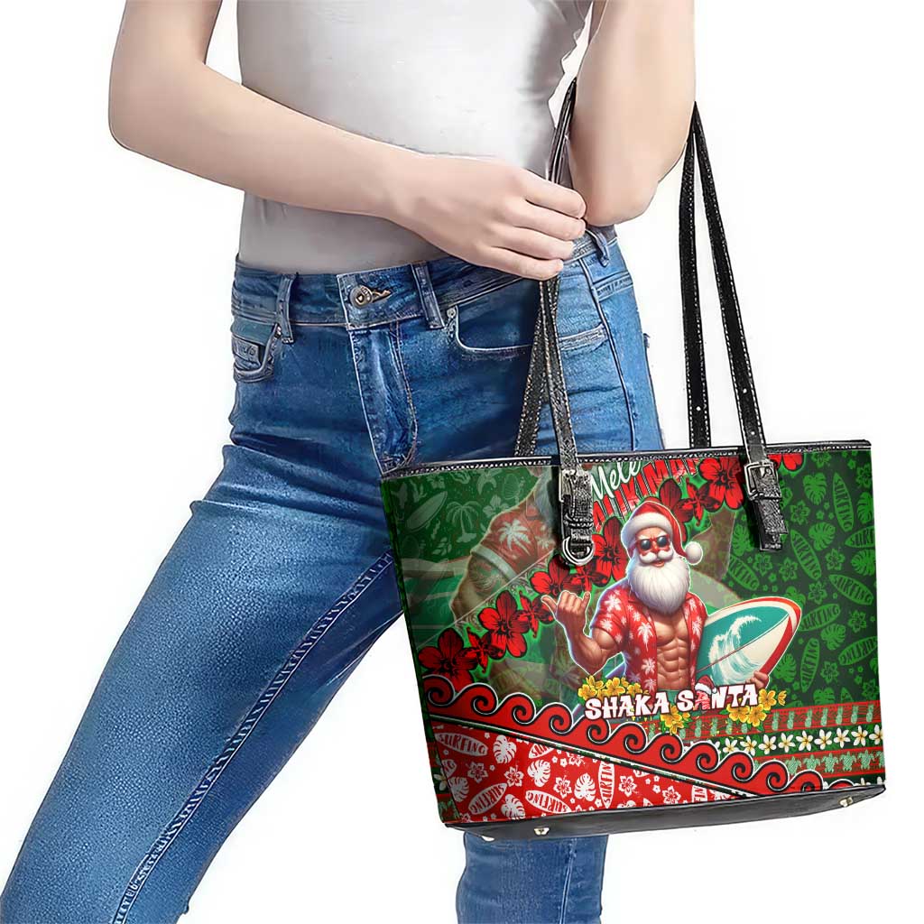 Mele Kalikimaka Shaka Santa Leather Tote Bag Hawaiian Surf Christmas Design with Aloha Spirit - Polynesian Pride