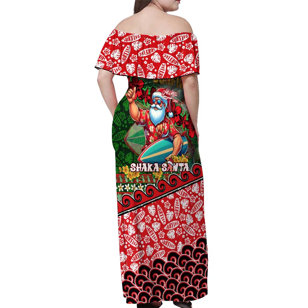 Mele Kalikimaka Shaka Santa Off Shoulder Maxi Dress Hawaiian Surf Christmas Design with Aloha Spirit - Polynesian Pride