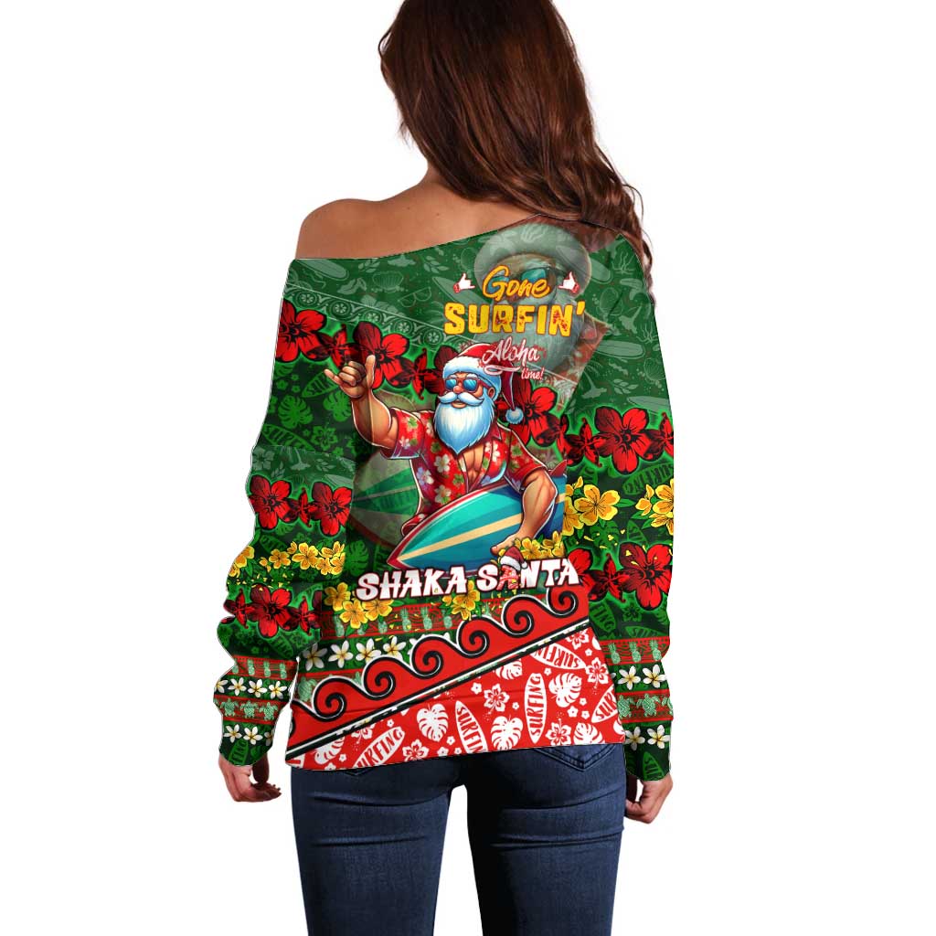 Mele Kalikimaka Shaka Santa Off Shoulder Sweater Hawaiian Surf Christmas Design with Aloha Spirit - Polynesian Pride