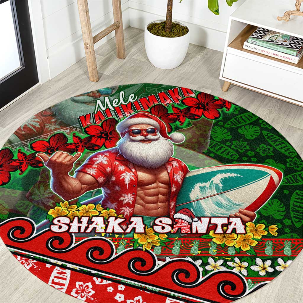 Mele Kalikimaka Shaka Santa Round Carpet Hawaiian Surf Christmas Design with Aloha Spirit - Polynesian Pride
