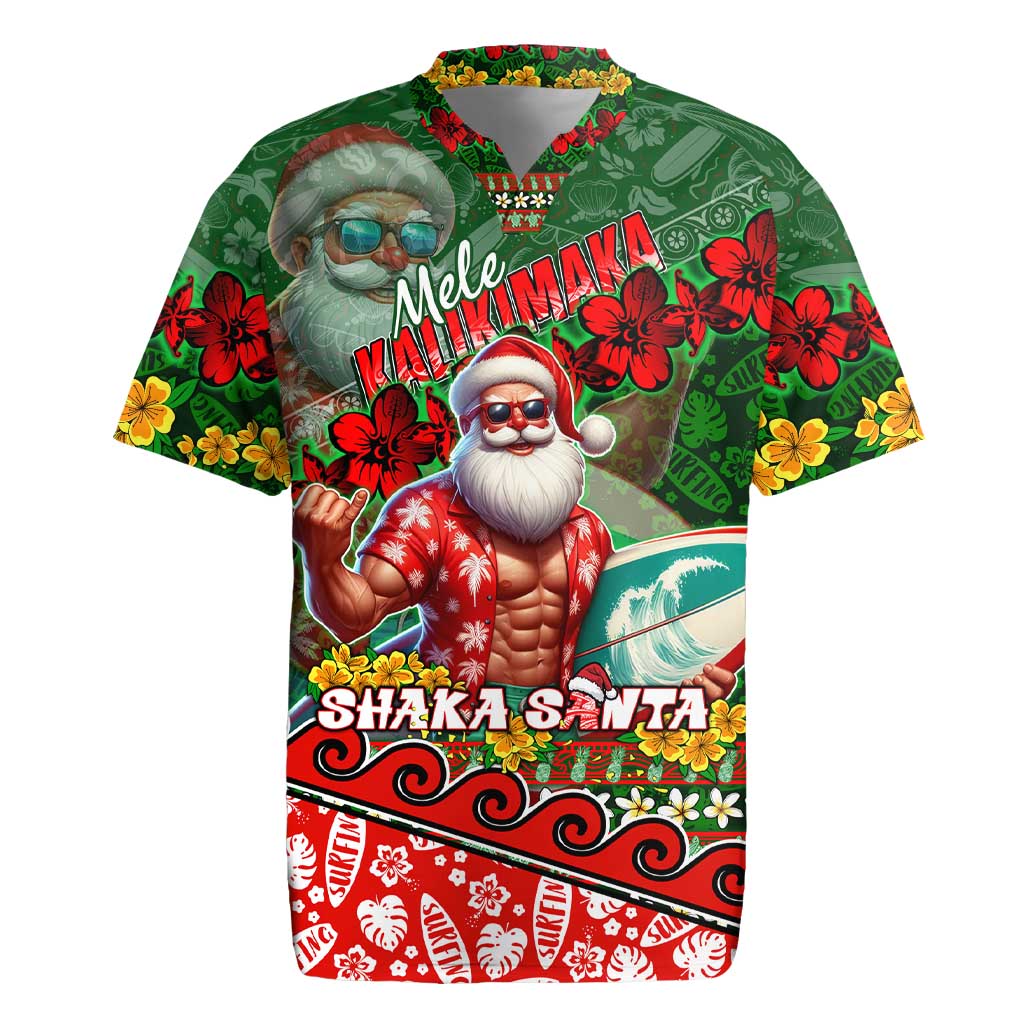 Mele Kalikimaka Shaka Santa Rugby Jersey Hawaiian Surf Christmas Design with Aloha Spirit - Polynesian Pride