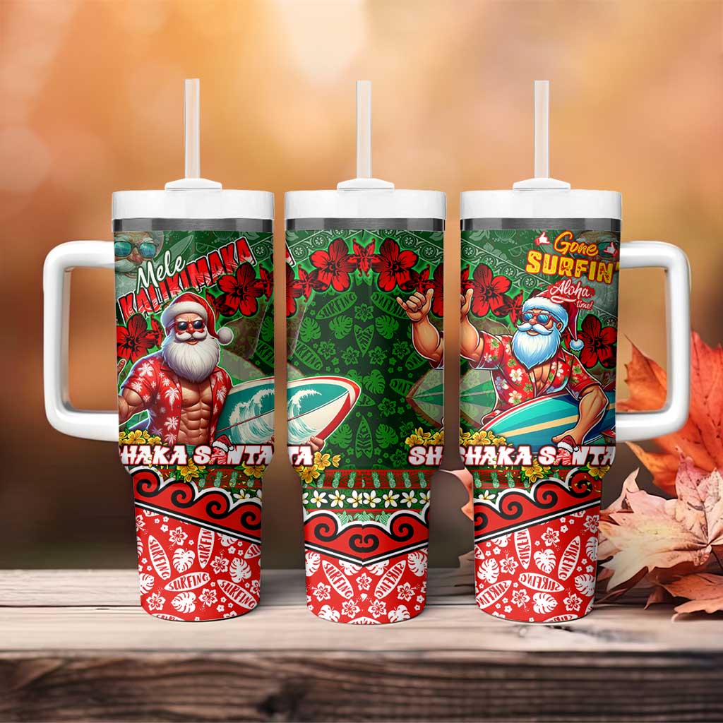Mele Kalikimaka Shaka Santa Tumbler With Handle Hawaiian Surf Christmas Design with Aloha Spirit - Polynesian Pride