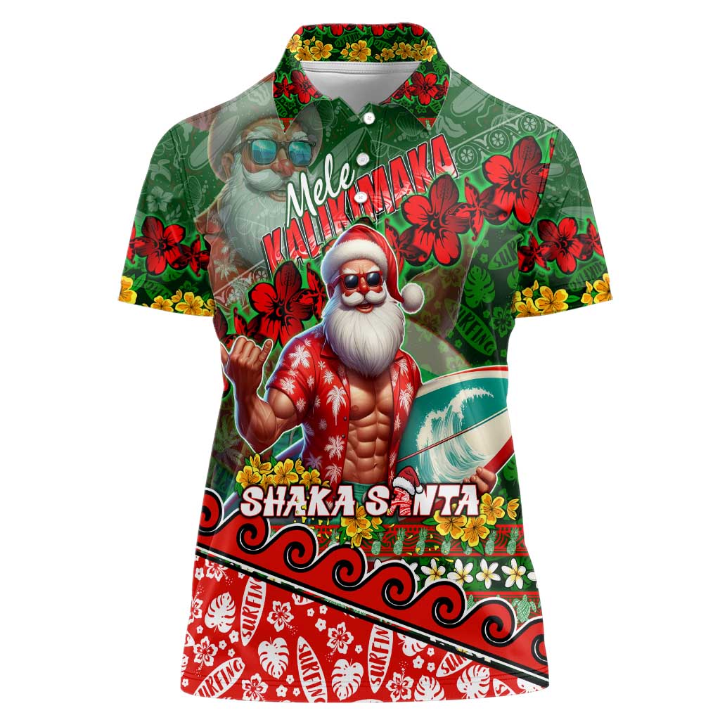 Mele Kalikimaka Shaka Santa Women Polo Shirt Hawaiian Surf Christmas Design with Aloha Spirit - Polynesian Pride