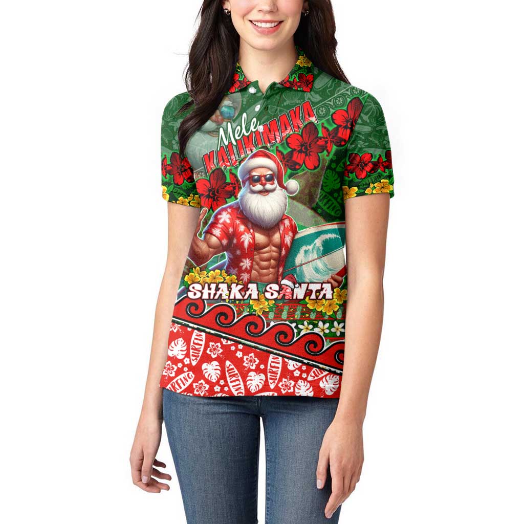 Mele Kalikimaka Shaka Santa Women Polo Shirt Hawaiian Surf Christmas Design with Aloha Spirit - Polynesian Pride