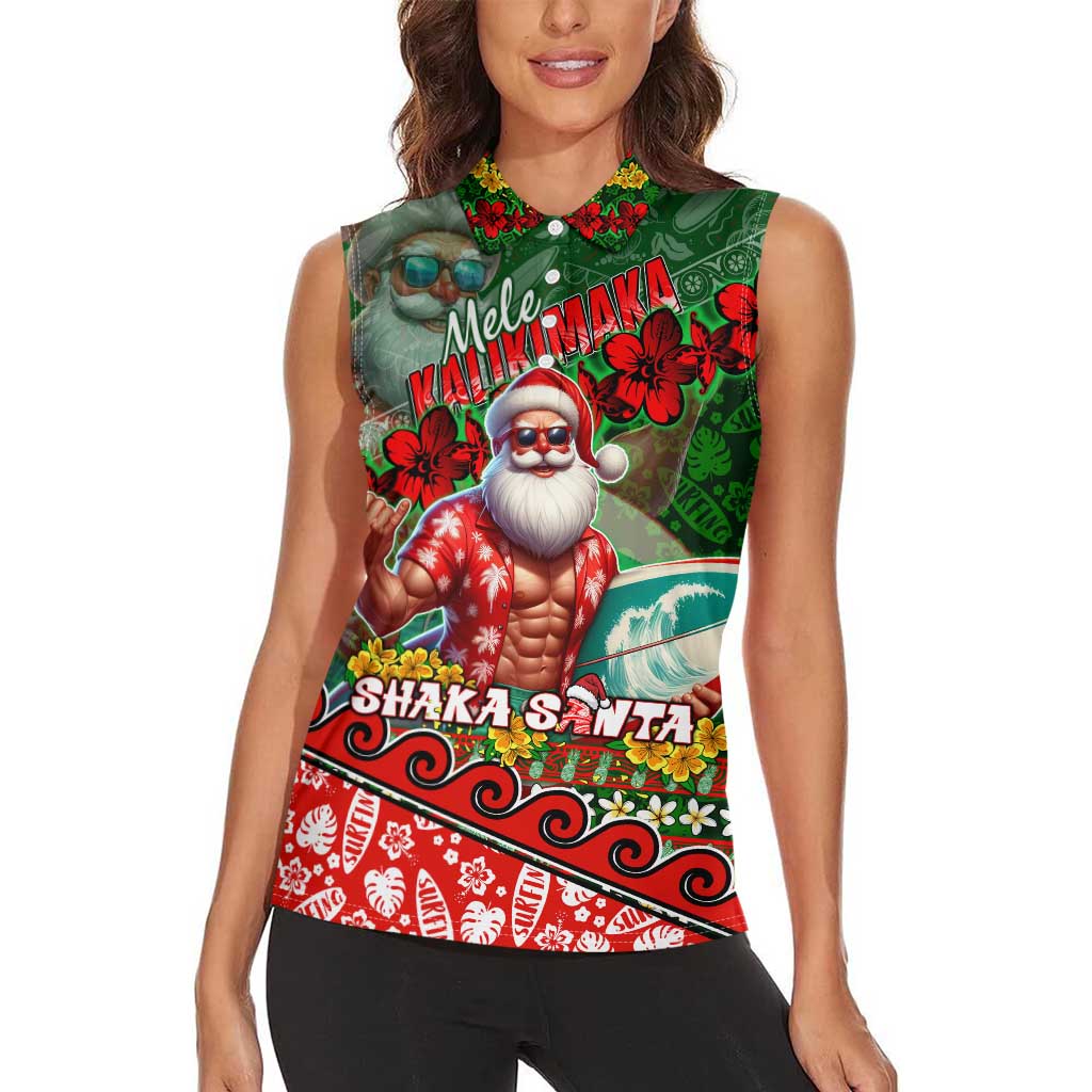 Mele Kalikimaka Shaka Santa Women Sleeveless Polo Shirt Hawaiian Surf Christmas Design with Aloha Spirit - Polynesian Pride