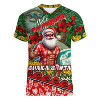 Mele Kalikimaka Shaka Santa Women V-Neck T-Shirt Hawaiian Surf Christmas Design with Aloha Spirit - Polynesian Pride