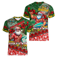 Mele Kalikimaka Shaka Santa Women V-Neck T-Shirt Hawaiian Surf Christmas Design with Aloha Spirit - Polynesian Pride