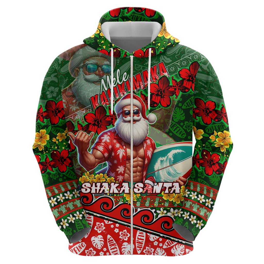 Mele Kalikimaka Shaka Santa Zip Hoodie Hawaiian Surf Christmas Design with Aloha Spirit - Polynesian Pride