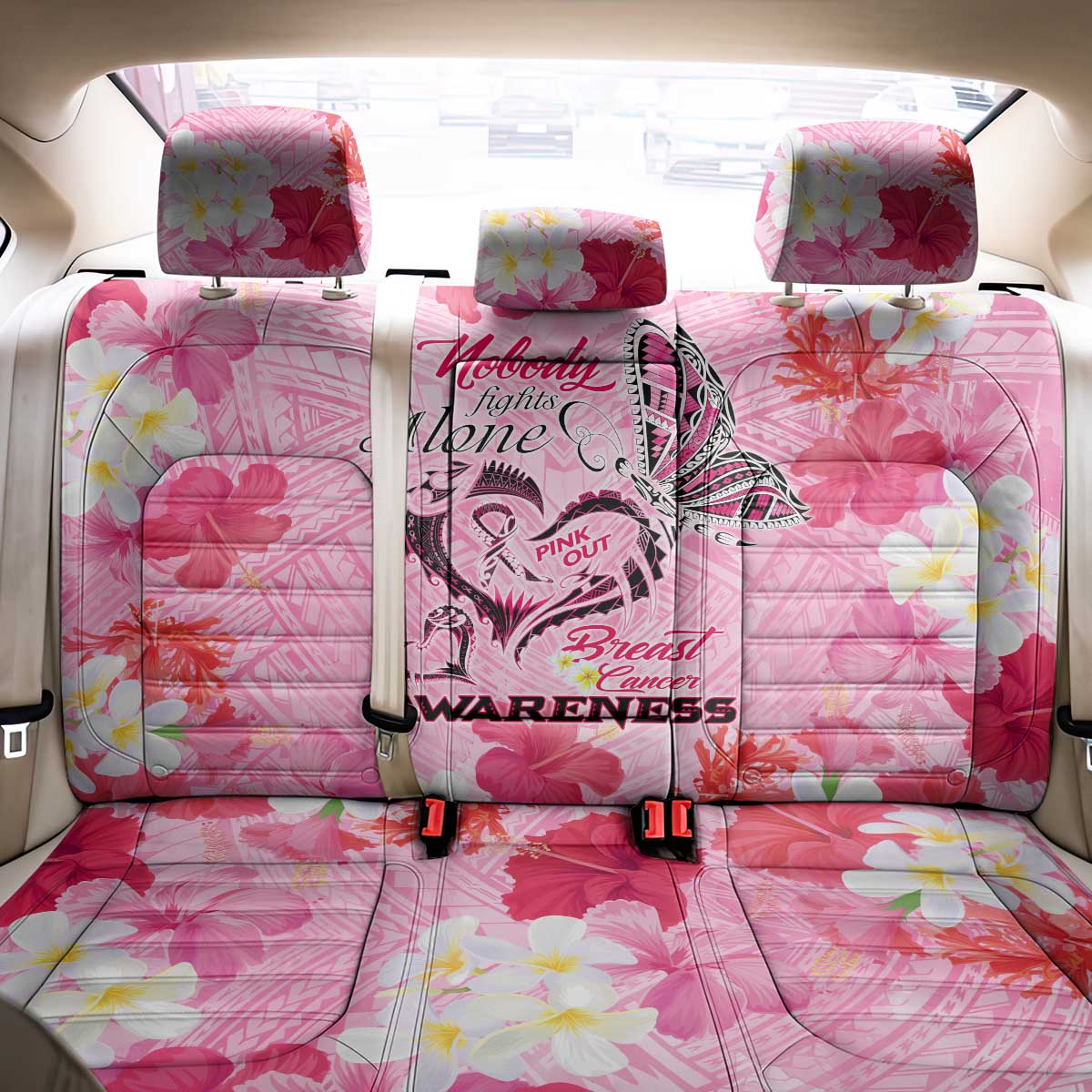 Butterfly Polynesia Breast Cancer Back Car Seat Cover Nobody Fights Alone Pink Out Tropical Hibiscus