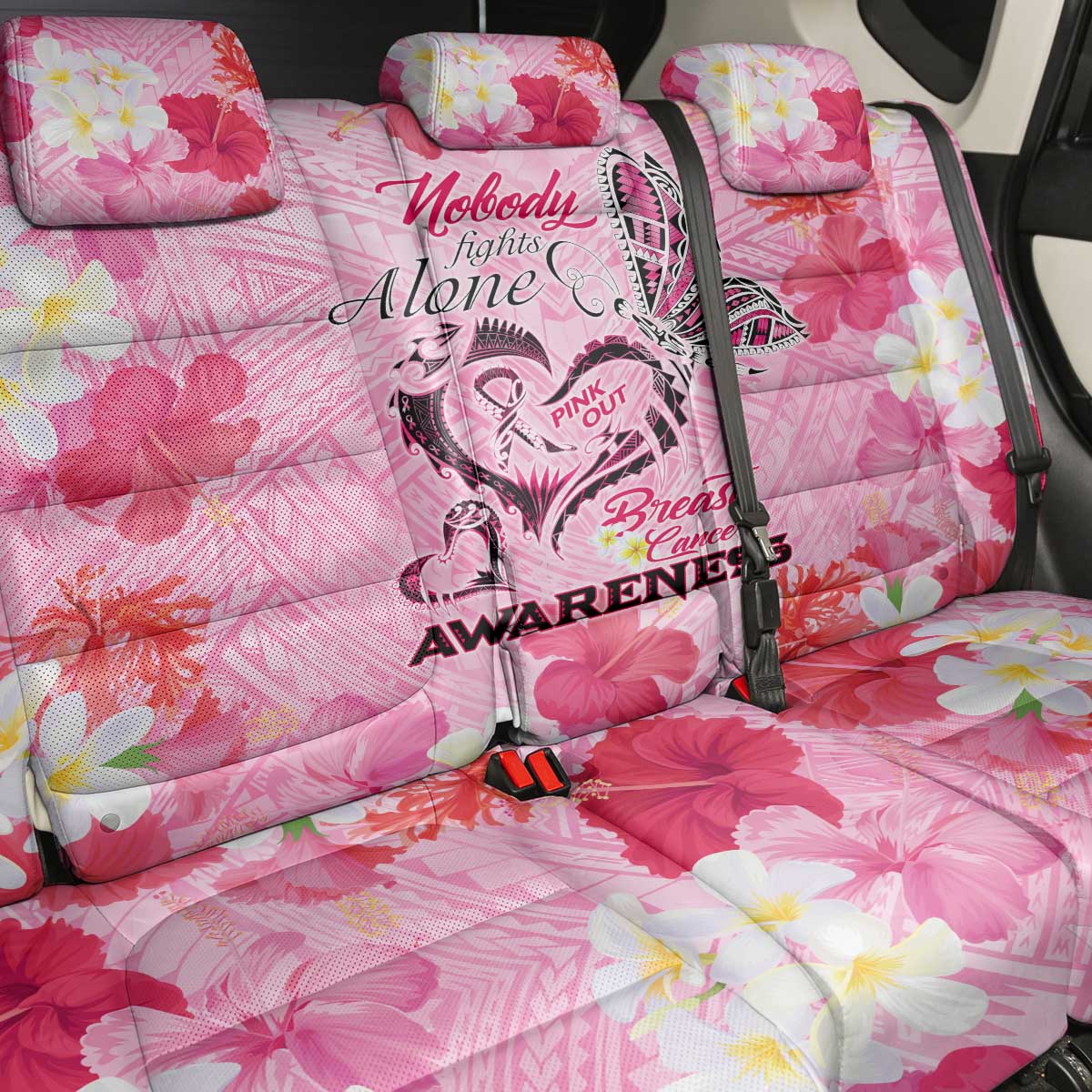 Butterfly Polynesia Breast Cancer Back Car Seat Cover Nobody Fights Alone Pink Out Tropical Hibiscus