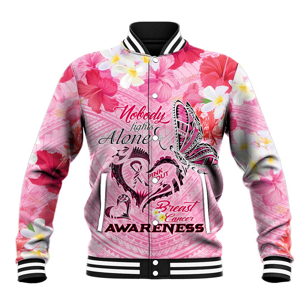 Butterfly Polynesia Breast Cancer Baseball Jacket Nobody Fights Alone Pink Out Tropical Hibiscus