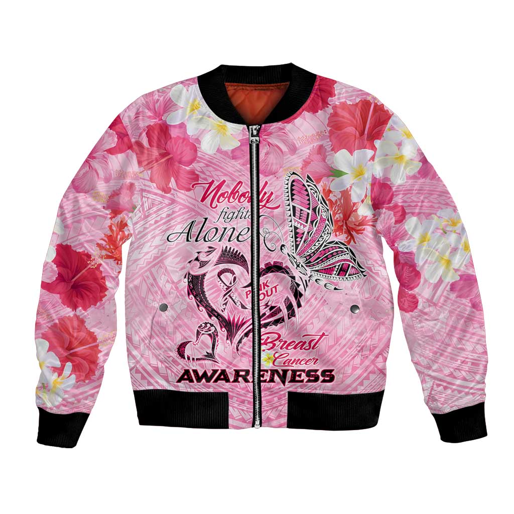 Butterfly Polynesia Breast Cancer Bomber Jacket Nobody Fights Alone Pink Out Tropical Hibiscus DT02 Unisex Pink - Polynesian Pride