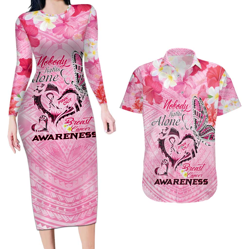 Butterfly Polynesia Breast Cancer Couples Matching Long Sleeve Bodycon Dress and Hawaiian Shirt Nobody Fights Alone Pink Out Tropical Hibiscus
