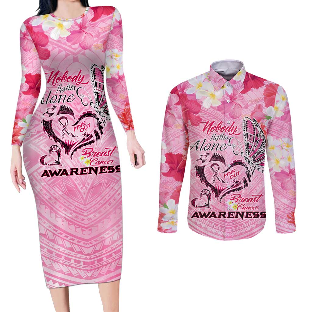 Butterfly Polynesia Breast Cancer Couples Matching Long Sleeve Bodycon Dress and Long Sleeve Button Shirt Nobody Fights Alone Pink Out Tropical Hibiscus