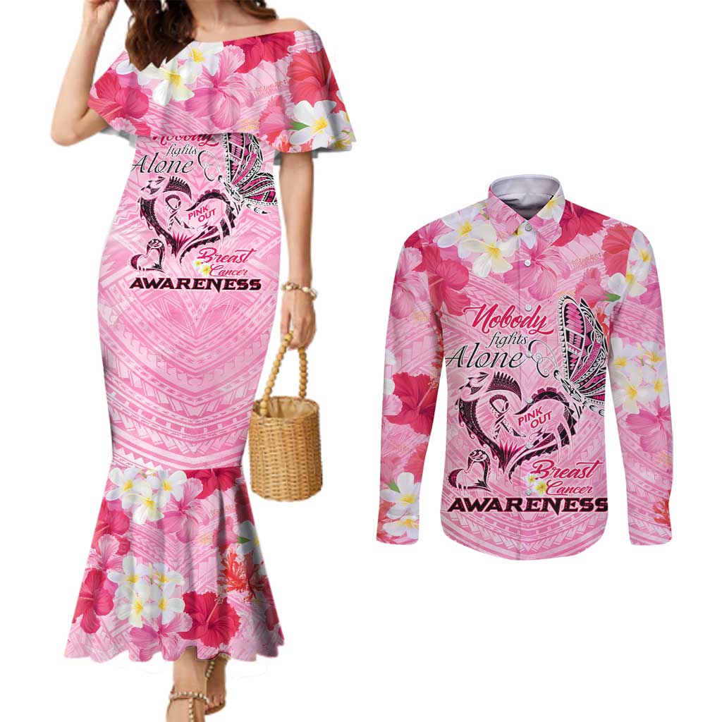 Butterfly Polynesia Breast Cancer Couples Matching Mermaid Dress and Long Sleeve Button Shirt Nobody Fights Alone Pink Out Tropical Hibiscus