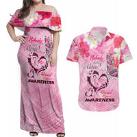 Butterfly Polynesia Breast Cancer Couples Matching Off Shoulder Maxi Dress and Hawaiian Shirt Nobody Fights Alone Pink Out Tropical Hibiscus