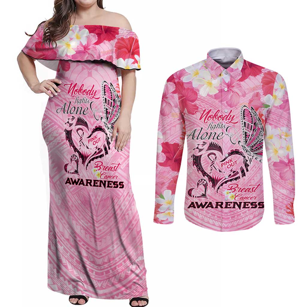 Butterfly Polynesia Breast Cancer Couples Matching Off Shoulder Maxi Dress and Long Sleeve Button Shirt Nobody Fights Alone Pink Out Tropical Hibiscus