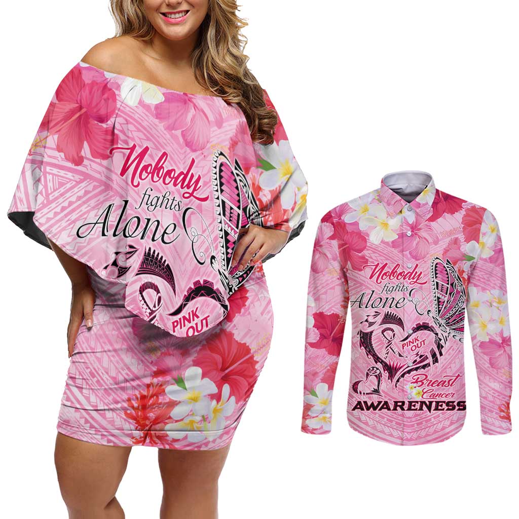Butterfly Polynesia Breast Cancer Couples Matching Off Shoulder Short Dress and Long Sleeve Button Shirt Nobody Fights Alone Pink Out Tropical Hibiscus
