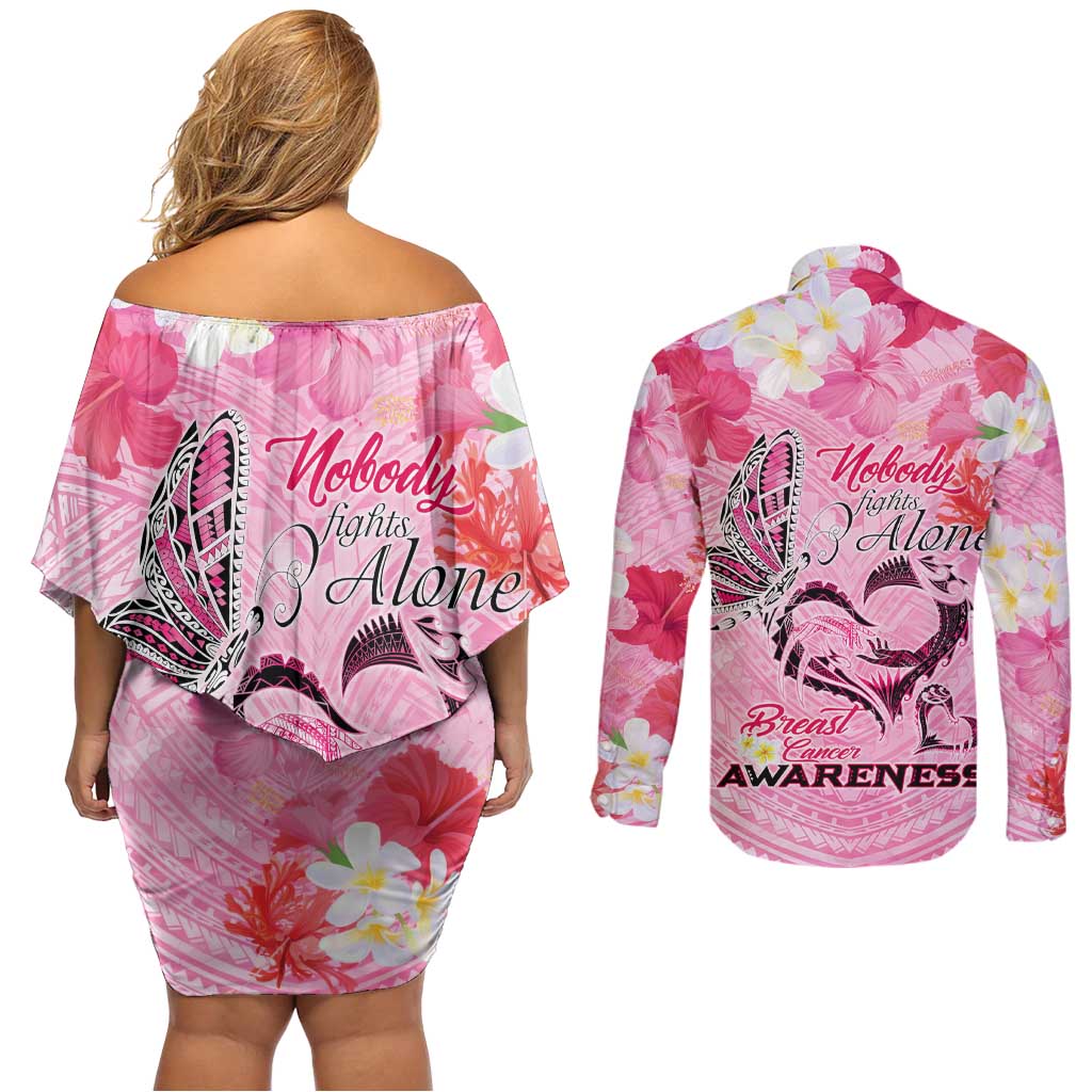 Butterfly Polynesia Breast Cancer Couples Matching Off Shoulder Short Dress and Long Sleeve Button Shirt Nobody Fights Alone Pink Out Tropical Hibiscus