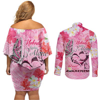 Butterfly Polynesia Breast Cancer Couples Matching Off Shoulder Short Dress and Long Sleeve Button Shirt Nobody Fights Alone Pink Out Tropical Hibiscus