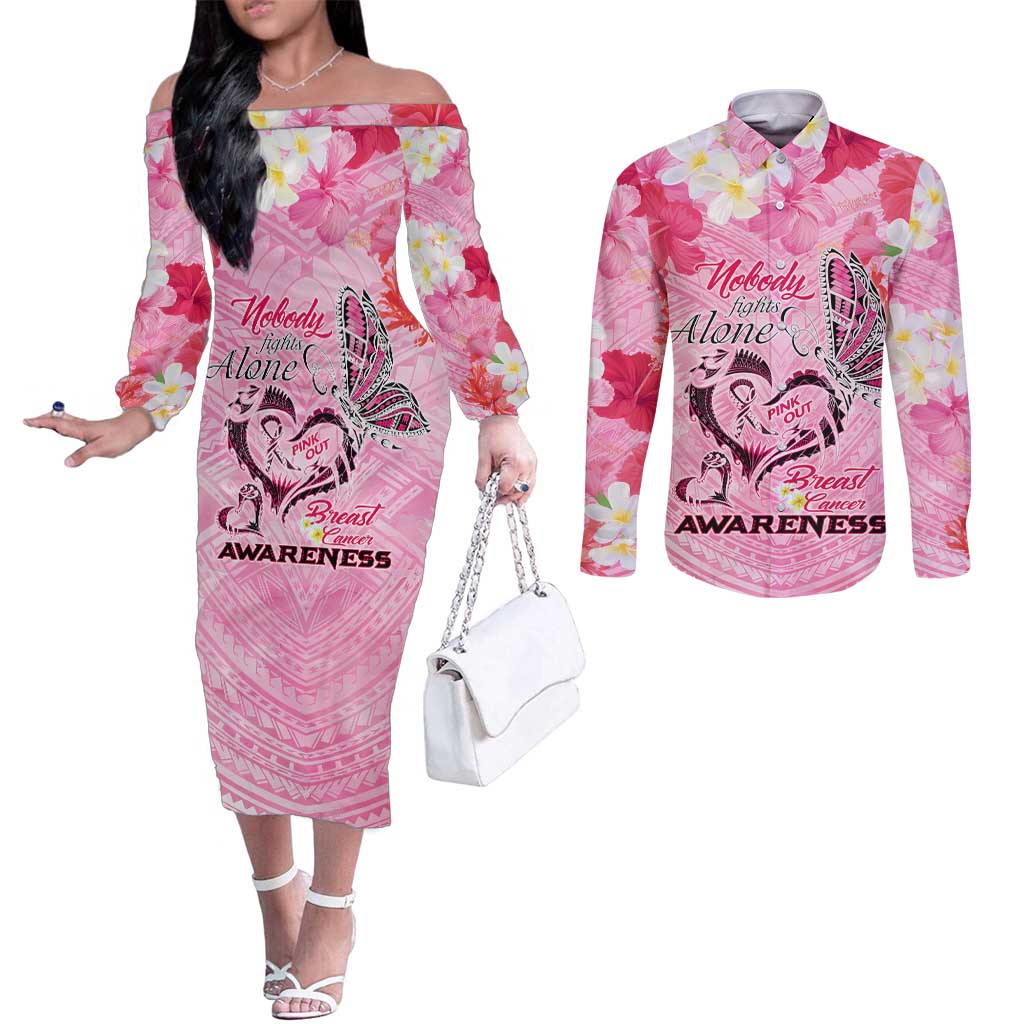 Butterfly Polynesia Breast Cancer Couples Matching Off The Shoulder Long Sleeve Dress and Long Sleeve Button Shirt Nobody Fights Alone Pink Out Tropical Hibiscus