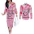 Butterfly Polynesia Breast Cancer Couples Matching Off The Shoulder Long Sleeve Dress and Long Sleeve Button Shirt Nobody Fights Alone Pink Out Tropical Hibiscus