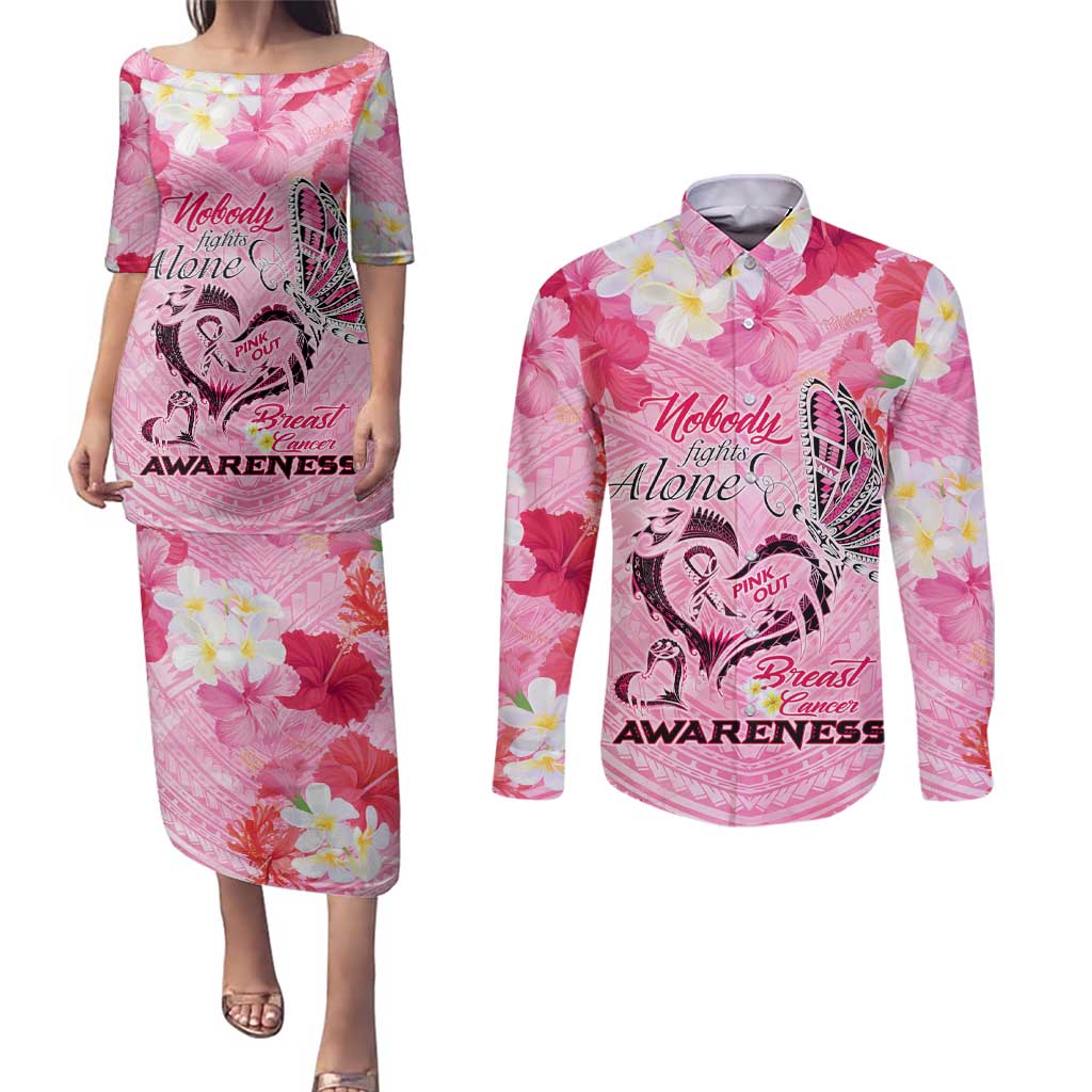 Butterfly Polynesia Breast Cancer Couples Matching Puletasi and Long Sleeve Button Shirt Nobody Fights Alone Pink Out Tropical Hibiscus