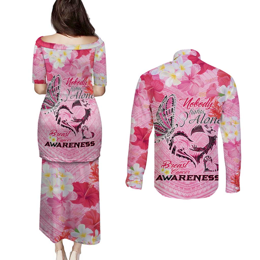 Butterfly Polynesia Breast Cancer Couples Matching Puletasi and Long Sleeve Button Shirt Nobody Fights Alone Pink Out Tropical Hibiscus