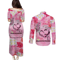 Butterfly Polynesia Breast Cancer Couples Matching Puletasi and Long Sleeve Button Shirt Nobody Fights Alone Pink Out Tropical Hibiscus