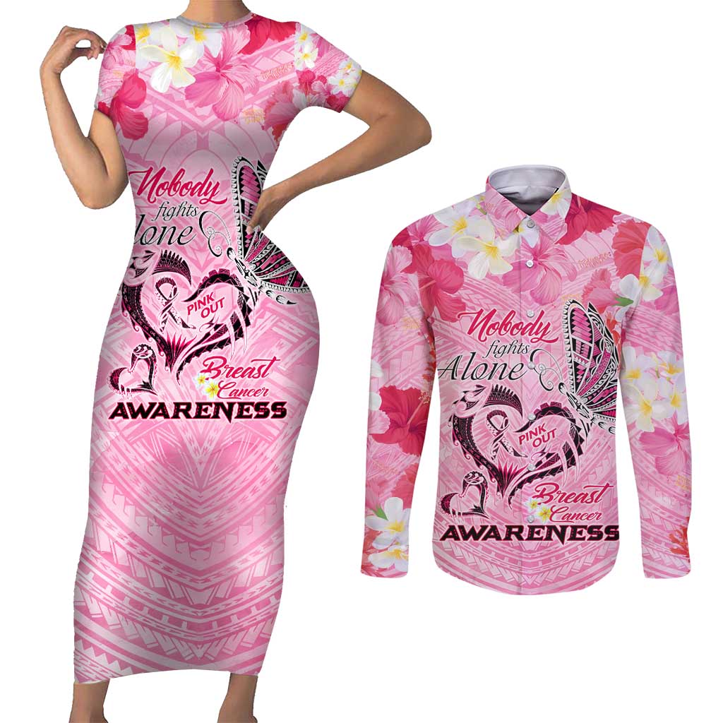 Butterfly Polynesia Breast Cancer Couples Matching Short Sleeve Bodycon Dress and Long Sleeve Button Shirt Nobody Fights Alone Pink Out Tropical Hibiscus