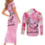 Butterfly Polynesia Breast Cancer Couples Matching Short Sleeve Bodycon Dress and Long Sleeve Button Shirt Nobody Fights Alone Pink Out Tropical Hibiscus