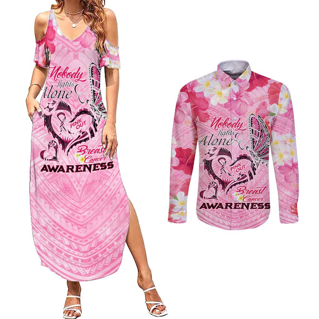 Butterfly Polynesia Breast Cancer Couples Matching Summer Maxi Dress and Long Sleeve Button Shirt Nobody Fights Alone Pink Out Tropical Hibiscus