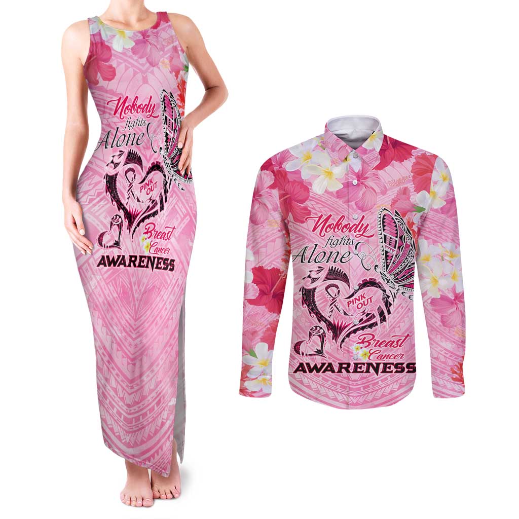 Butterfly Polynesia Breast Cancer Couples Matching Tank Maxi Dress and Long Sleeve Button Shirt Nobody Fights Alone Pink Out Tropical Hibiscus