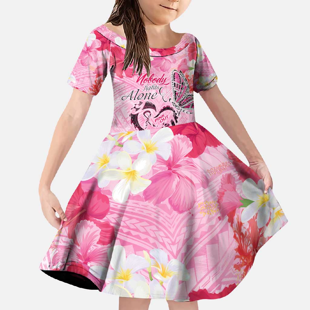 Butterfly Polynesia Breast Cancer Family Matching Long Sleeve Bodycon Dress and Hawaiian Shirt Nobody Fights Alone Pink Out Tropical Hibiscus DT02 Daughter's Dress Pink - Polynesian Pride