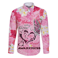 Butterfly Polynesia Breast Cancer Family Matching Mermaid Dress and Hawaiian Shirt Nobody Fights Alone Pink Out Tropical Hibiscus DT02 Dad's Shirt - Long Sleeve Pink - Polynesian Pride