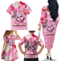 Butterfly Polynesia Breast Cancer Family Matching Off The Shoulder Long Sleeve Dress and Hawaiian Shirt Nobody Fights Alone Pink Out Tropical Hibiscus