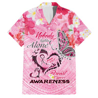 Butterfly Polynesia Breast Cancer Family Matching Off The Shoulder Long Sleeve Dress and Hawaiian Shirt Nobody Fights Alone Pink Out Tropical Hibiscus