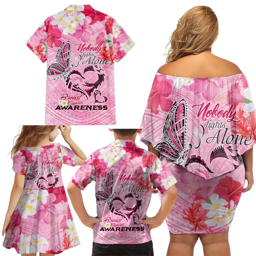 Butterfly Polynesia Breast Cancer Family Matching Off Shoulder Short Dress and Hawaiian Shirt Nobody Fights Alone Pink Out Tropical Hibiscus